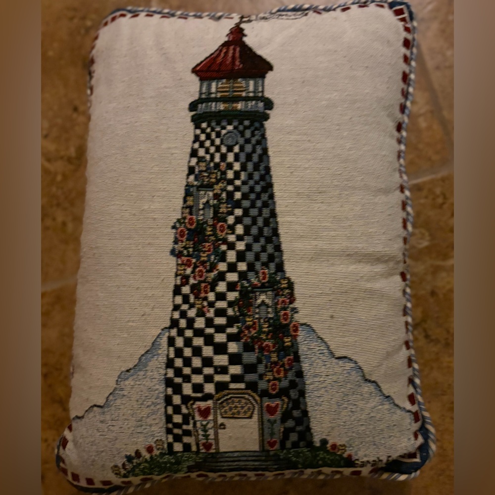Vintage America Nautical Lighthouse Pillow - Black, White, Red Accents